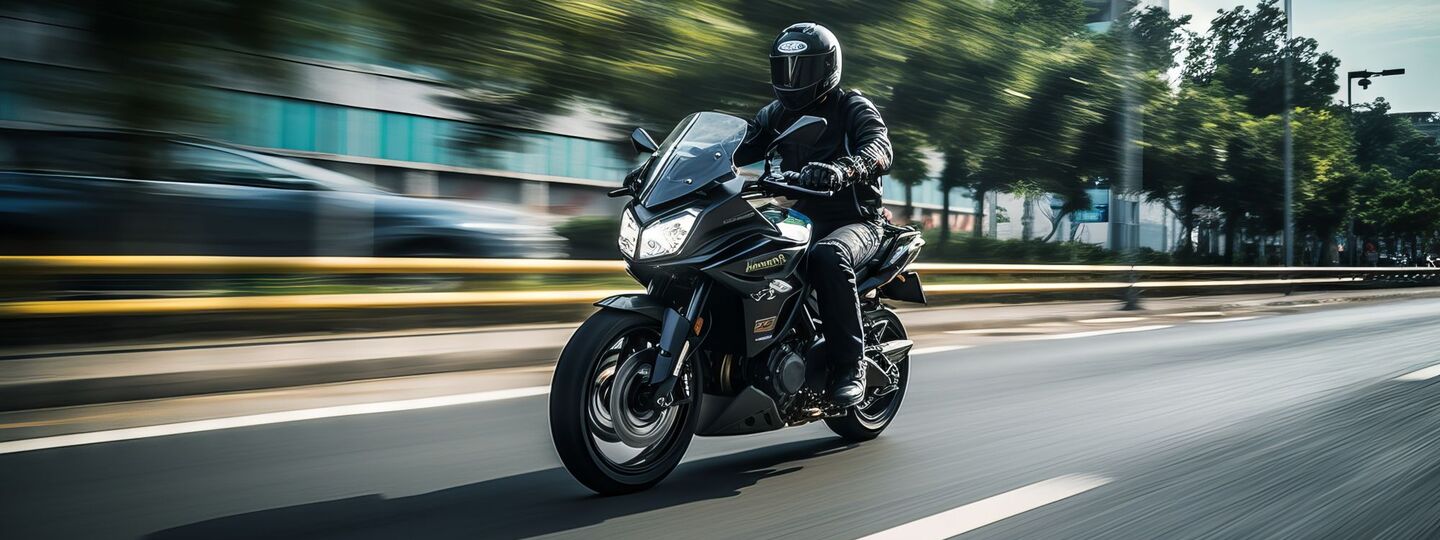 Ein Motorradfahrer in der Stadt, mit Helm und vollständiger Ausrüstung, fährt auf einer Straße. Im Hintergrund ein großes Bürogebäude und Bäume.
