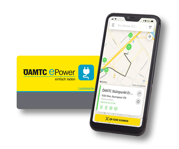 Screenshot der ÖAMTC ePower App, die Funktionen zur Suche von Ladestationen, Fahrzeugstatus und aktuellen ePower-Diensten anzeigt.