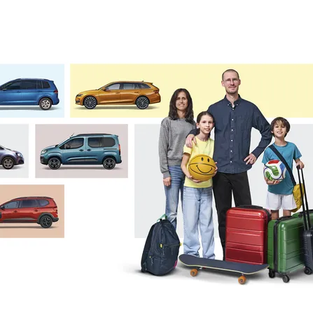 Bildmontage aus acht Fahrzeug-Seitenansichten auf farbigen Flächen – Hochdachkombi, Van, Kompaktvans, Kombis und SUV – daneben eine vierköpfige Familie mit zwei Kindern, Bällen, Rucksack, Skateboard und drei Hartschalenkoffern.