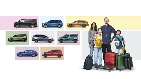 Bildmontage aus acht Fahrzeug-Seitenansichten auf farbigen Flächen – Hochdachkombi, Van, Kompaktvans, Kombis und SUV – daneben eine vierköpfige Familie mit zwei Kindern, Bällen, Rucksack, Skateboard und drei Hartschalenkoffern.