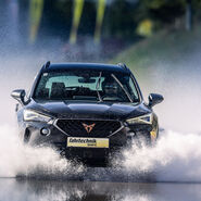 Ein Cupra der ÖAMTC Fahrtechnik fährt mit hoher Geschwindigkeit über eine nasse Fahrbahn