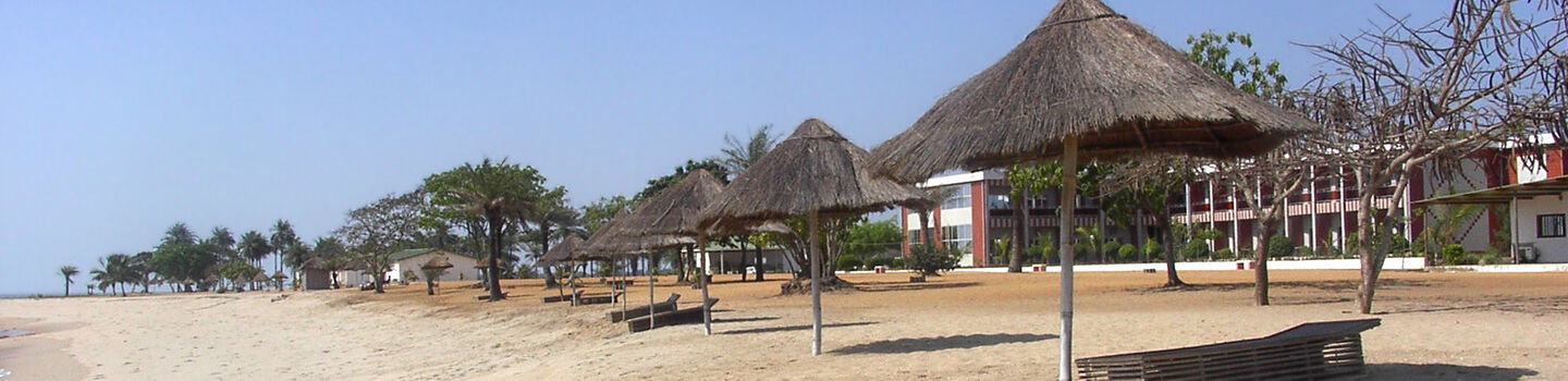 Panoramablick auf einen ruhigen Sandstrand mit Palmen an der Küste von Guinea