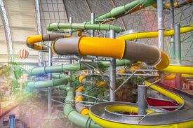 Eine große Wasserrutsche umgeben von Pflanzen
