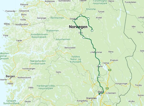 Routenplan zeigt eine Strecke in Norwegen. 