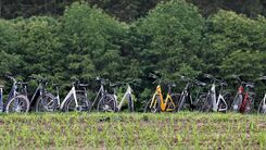 Eine Gruppe von Fahrrädern steht in einer Reihe auf einem Feld.