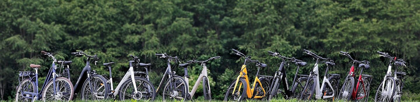 Eine Gruppe von Fahrrädern steht in einer Reihe auf einem Feld.