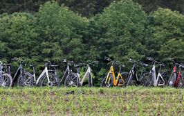 Eine Gruppe von Fahrrädern steht in einer Reihe auf einem Feld.