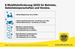 Infografik über die Elektromobilitätsförderungen 2025 für Betriebe, Gebietskörperschaften und Vereine.