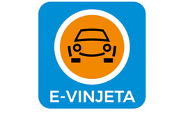 Ein Symbol für die elektronische Vignette (E-Vinjeta) in Slowenien. Der Hintergrund der Grafik ist hellblau, in der Mitte ein oranger Kreis mit einem gezeichneten Auto, unterhalb steht in weißer Schrift E-Vinjeta.