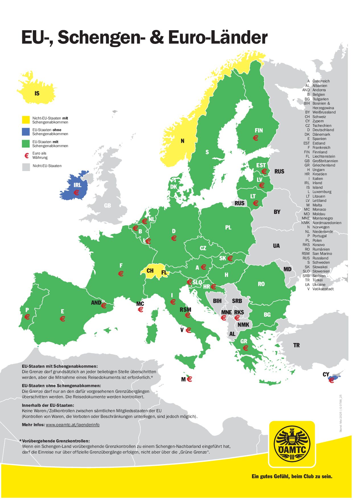 Eine Europakarte, in der die EU-, Schengen- und Euro-Länder in unterschiedlichen Farben dargestellt sind.