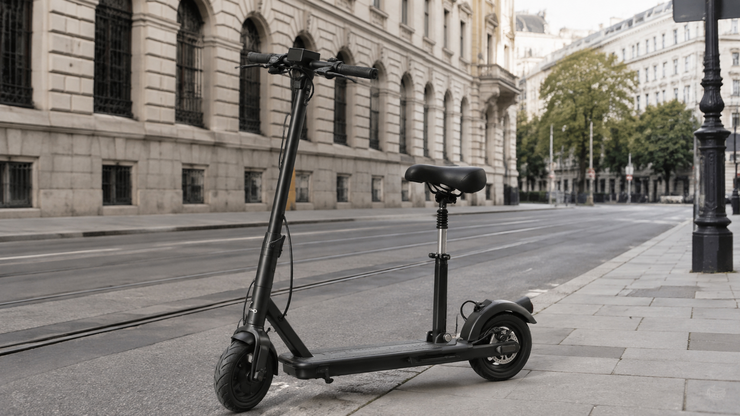 Ein E-Scooter, bei dem nachträglich ein Sitz nachträglich montiert wurde.