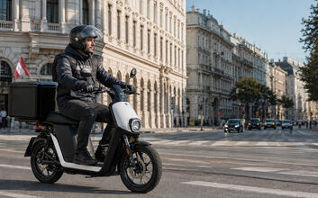 Ein Fahrer, der mit dem E-Moped mit Gepäck (25 km/h) in der Stadt unterwegs ist.