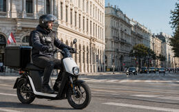 Ein Fahrer, der mit dem E-Moped mit Gepäck (25 km/h) in der Stadt unterwegs ist.