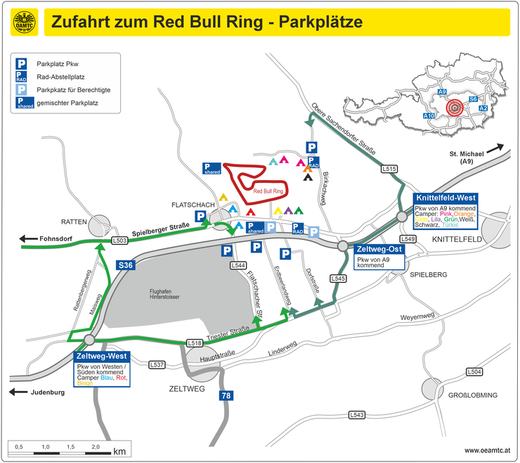 Die unterschiedlichen Zufahrten zu den Parkplätzen am red Bull RIng.