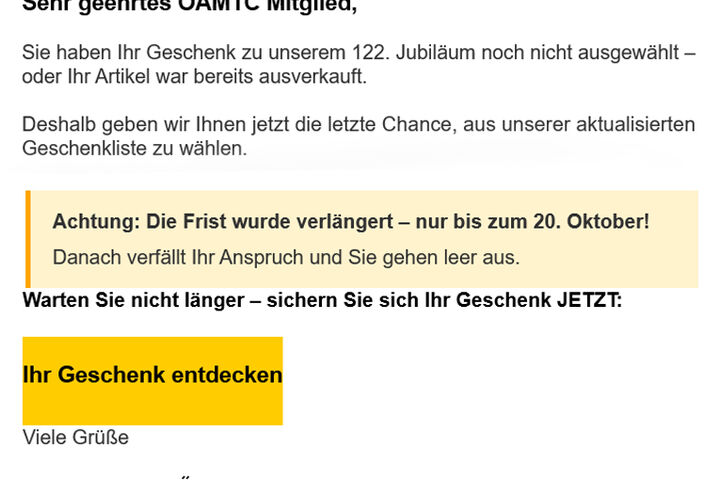Das Bild zeigt ein Beispiel für ein im Umflauf befindliches Phishing-Mail, welches auf ein vermeintliches Gewinnspiel im Namen des ÖAMTC hinweist.