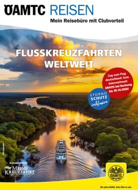 zeigt ein Katalogcover mit einem Schiff das einen mäandernden Fluss, umgeben von dichtem Wald, hinauffährt 