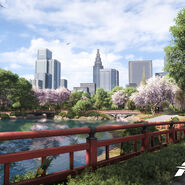 Screenshot aus Forza Horizon 6. Man sieht die japanische Landschaft, mit Hochhäusern im Hintergrund. 