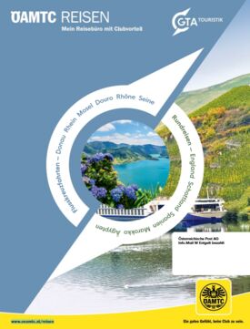 zeigt ein Katalogcover mit Text zu unterschiedlichen Reiseformen (Flusskreuzfahrten und Rundreisen) und mehreren Destinationen