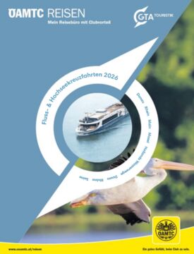 Die Titelseite eines Katalogs - abgebildet ist ein fliegender Pelikan und ein Flusskreuzfahrtschiff