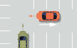 Grafik von zwei Autos auf einem Kundparkplatz, die beide auf eine Kreuzung zusteuern.