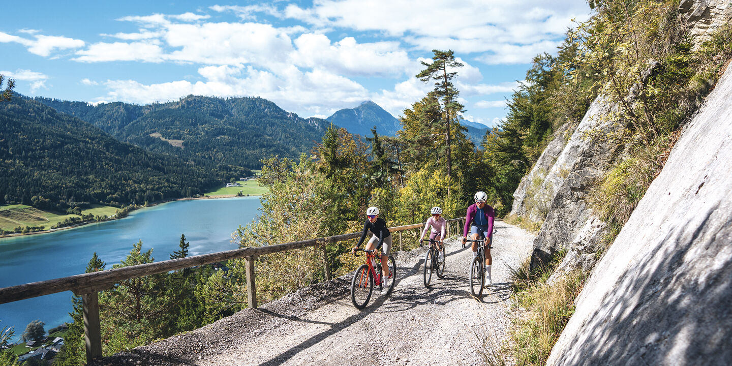 Eine Gruppe Gravelbiker, die auf einer Schotterstraße bergaufwärts fährt. Im Hintergrund: der Weissensee