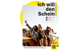 Deckblattt der ÖAMTC Führerschein-Broschüre "Ich will den Schein". Am Titelblatt sieht man eine Gruppe junger Menschen vor einem Auto, die mit dem Handy ein Selfie machen sowie im Hintergrund einen Scheckkartenführerschein eingeblendet.