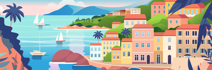 © AdobeStock Auf der Illustration ist auf der linken Seite das Meer zu sehen. Es ragt auch eine Palme ins Bild und mehrere Boote sind zu erkennen. Auf der rechten Seite ist eine Stadt illustriert und es sind viele Häuser zu sehen.