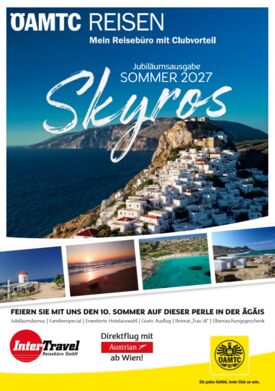 zeigt ein Katalogcover mit einem Bild eines weißen griechischen Dorfes an einer Klippe liegend, direkt beim Meer