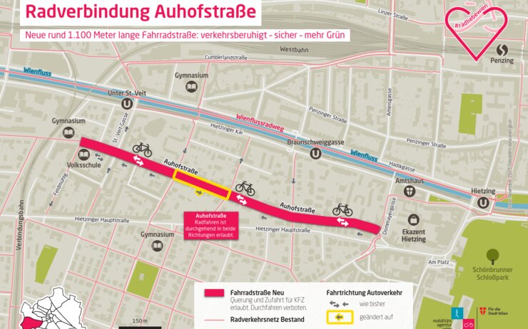 Kartenausschnitt der Auhofstraße mit der geänderten Verkehrsregelung.