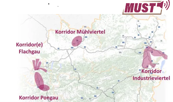 Karte mit den MUST-Korridoren Im Mühlviertel, Flachgau, Pongau und Industrieviertel.