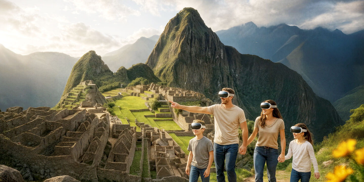 Visual der immersiven Ausstellung von Machu Piccu. Eine Familie mit VR-Brille im Hintergrund die Bergwelt bei Machu Piccu.