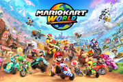 Titelbild von Mario Kart World. Man sieht den Schriftzug und unterschiedliche Fahrer.