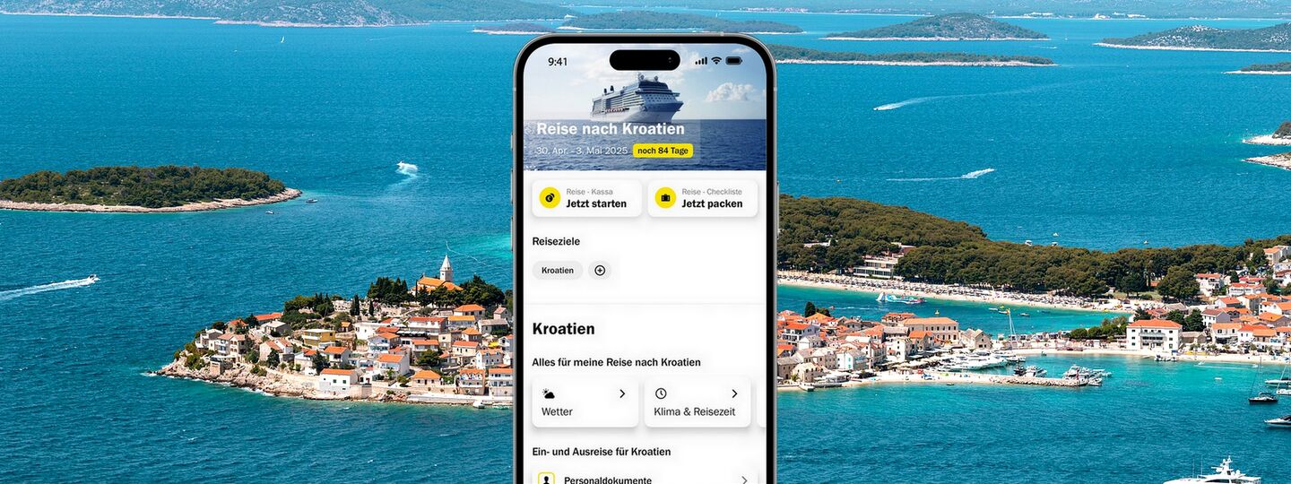 Eine Smartphone-Ansicht zeigt ÖAMTC-App mit einem Hintergrundbild von Kroatien