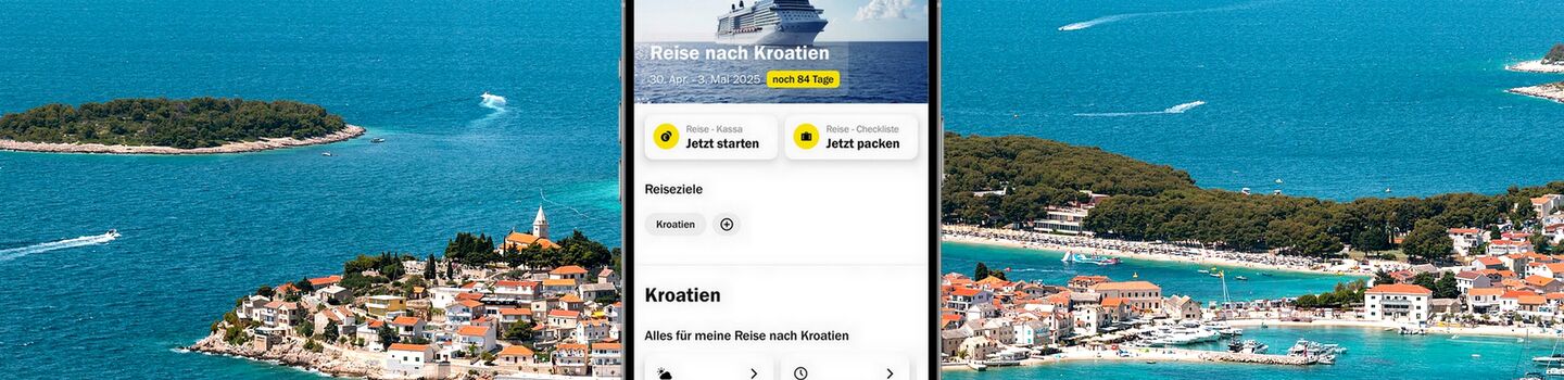 Eine Smartphone-Ansicht zeigt ÖAMTC-App mit einem Hintergrundbild von Kroatien