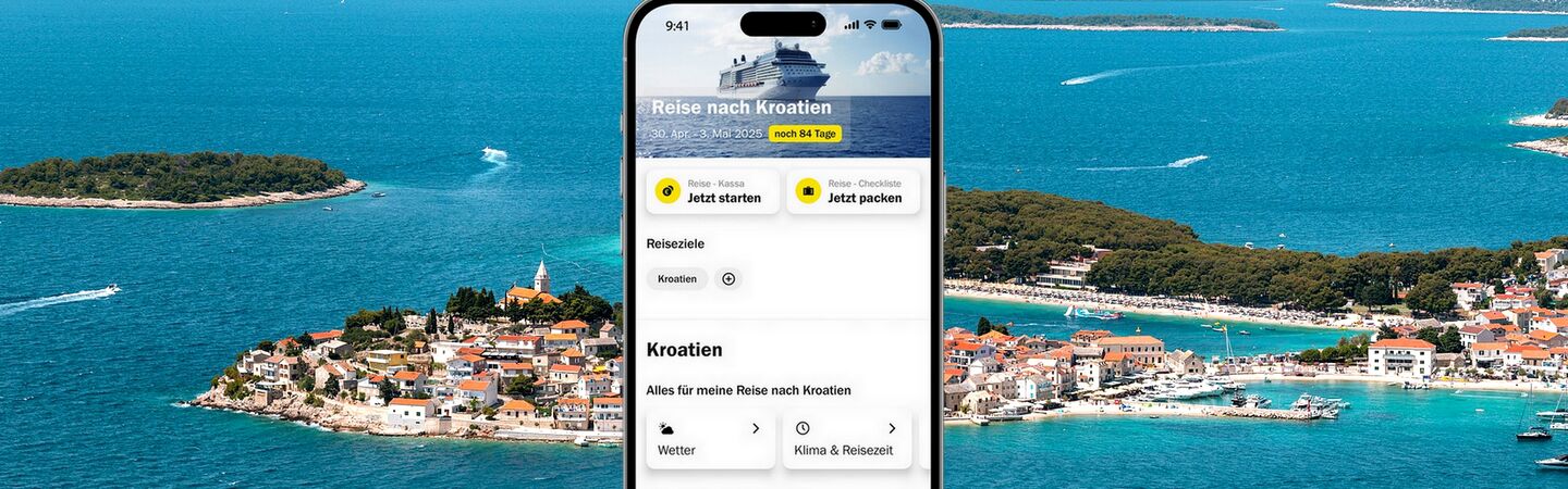 Meine Reise-App Eine Smartphone-Ansicht zeigt ÖAMTC-App mit einem Hintergrundbild von Kroatien