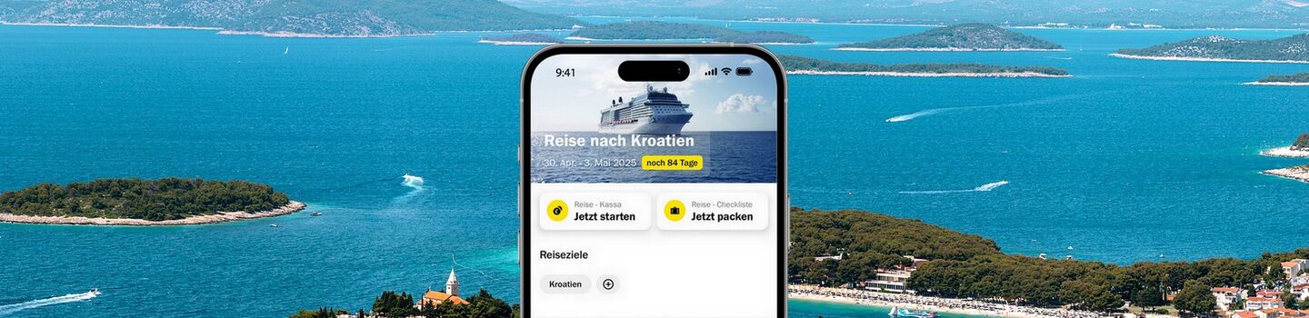 Eine Smartphone-Ansicht zeigt ÖAMTC-App mit einem Hintergrundbild von Kroatien
