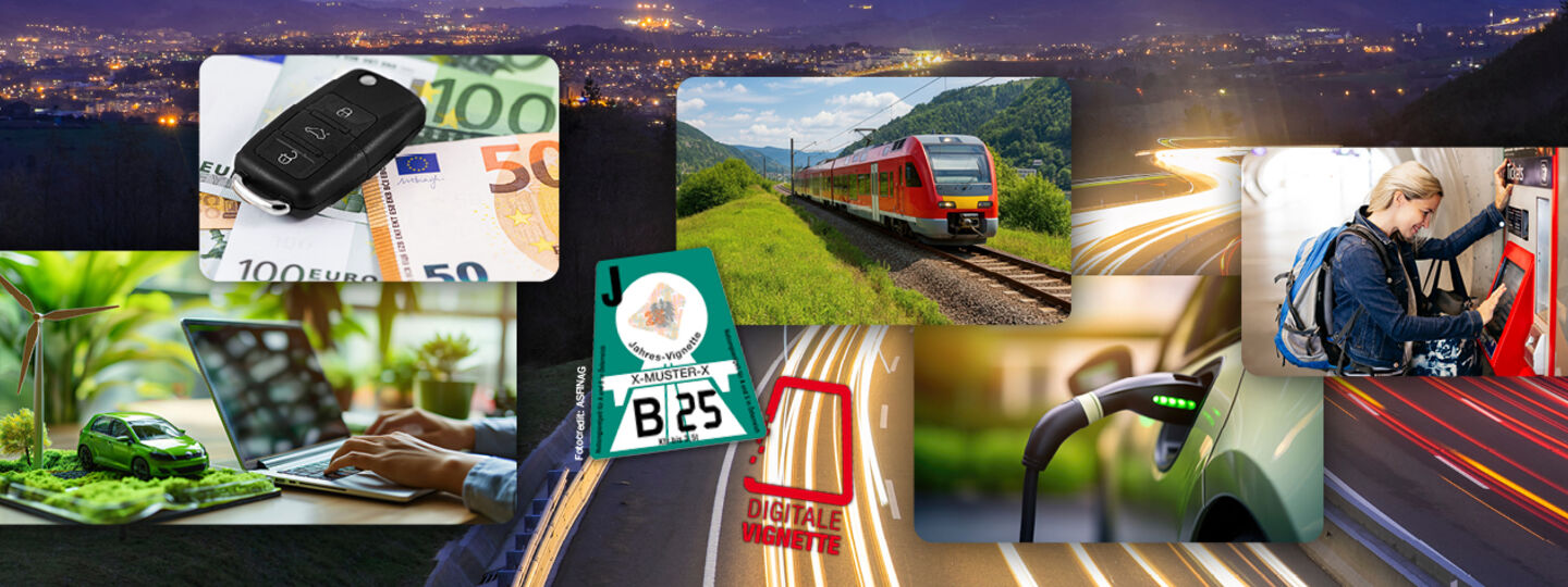 Fotocollage mit Abbildungen von Autoschlüssel, Vignette, Zug, Fahrkartenautomaten, Laptop