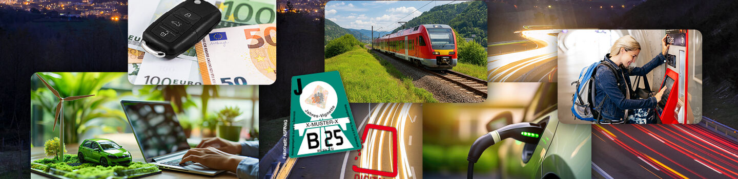 Fotocollage mit Abbildungen von Autoschlüssel, Vignette, Zug, Fahrkartenautomaten, Laptop