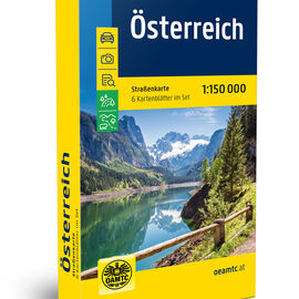ÖAMTC Kartenset von Österreich. Das Cover ist vorwiegend gelb, dunkelblau und grün. Ein Foto ist abgebildet auf dem ein See, Berge, Bäume und ein Holzzaun zu sehen sind.