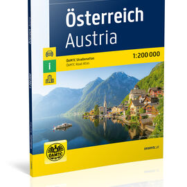 ÖAMTC Straßenatlas von Österreich. Das Cover ist vorwiegend gelb, dunkelblau und grün. Ein Foto ist abgebildet auf dem ein See, ein Boot, Berge und einige Häuser zu sehen sind.