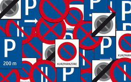 Eine Collage mit Bildern von Park-Verkehrszeichen, u.a. Halten & Parken verboten, Parken verboten, Kurzparkzone.