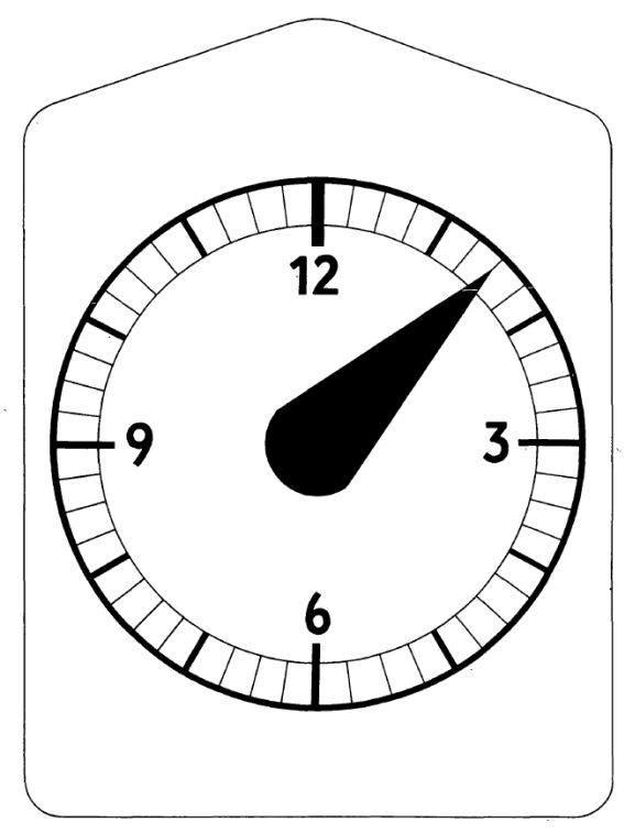 Parkscheibe in Schwarz-Weiß. Der Zeiger und die Darstellung des Zifferblattes sind in schwarz, der Hintergrund ist weiß.
