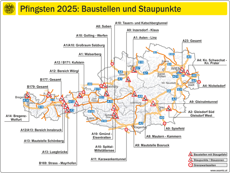 © ÖAMTC Karte Österreichs mit markierten Stau- und Baustellenbereichen