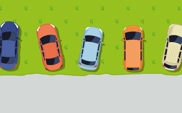 Grafik von 5 parkenden Autos auf einer Wiese, 3 davon stehen etwas quer gestellt.