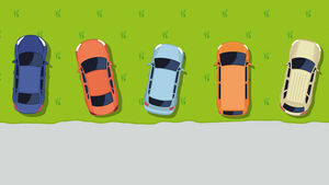 Grafik von 5 parkenden Autos auf einer Wiese, 3 davon stehen etwas quer gestellt.