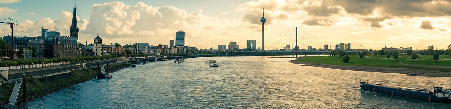 Panorama des Rheins und der Uferpromenade im Schein der Abendsonne.