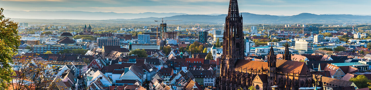 Blick auf Freiburg im Breisgau, mit den typischen roten Dächern und dem Münster, umgeben von den sanften Hügeln der Umgebung.