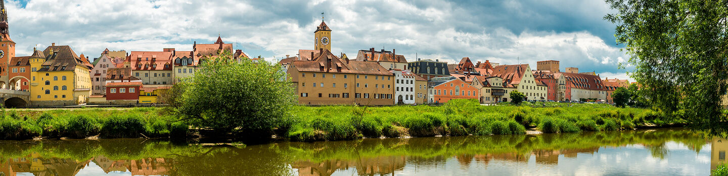 Die Regensburger Altstadt, mit dem Fluss und der Brücke, umgeben von Gebäuden in warmen Erdtönen.