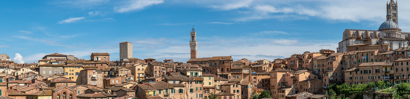 Ein weiter Panoramablick auf Siena, mit den roten Ziegeldächern und dem imposanten Dom, der an der Seite das Stadtbild überragt.