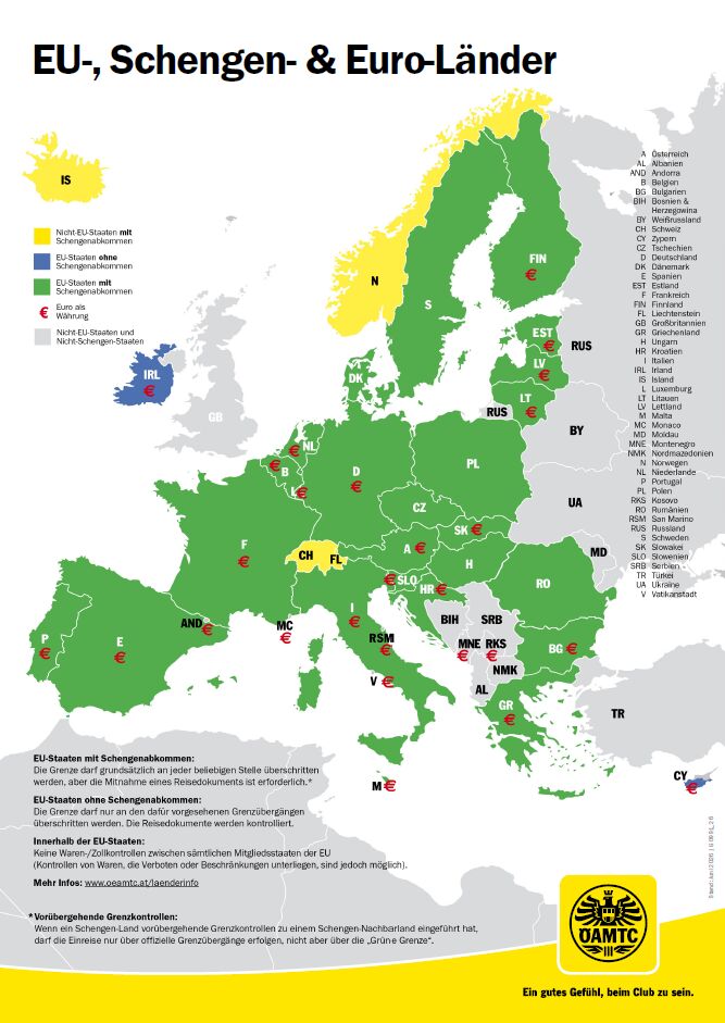 Eine Europakarte, in der die EU-, Schengen- und Euro-Länder in unterschiedlichen Farben dargestellt sind.